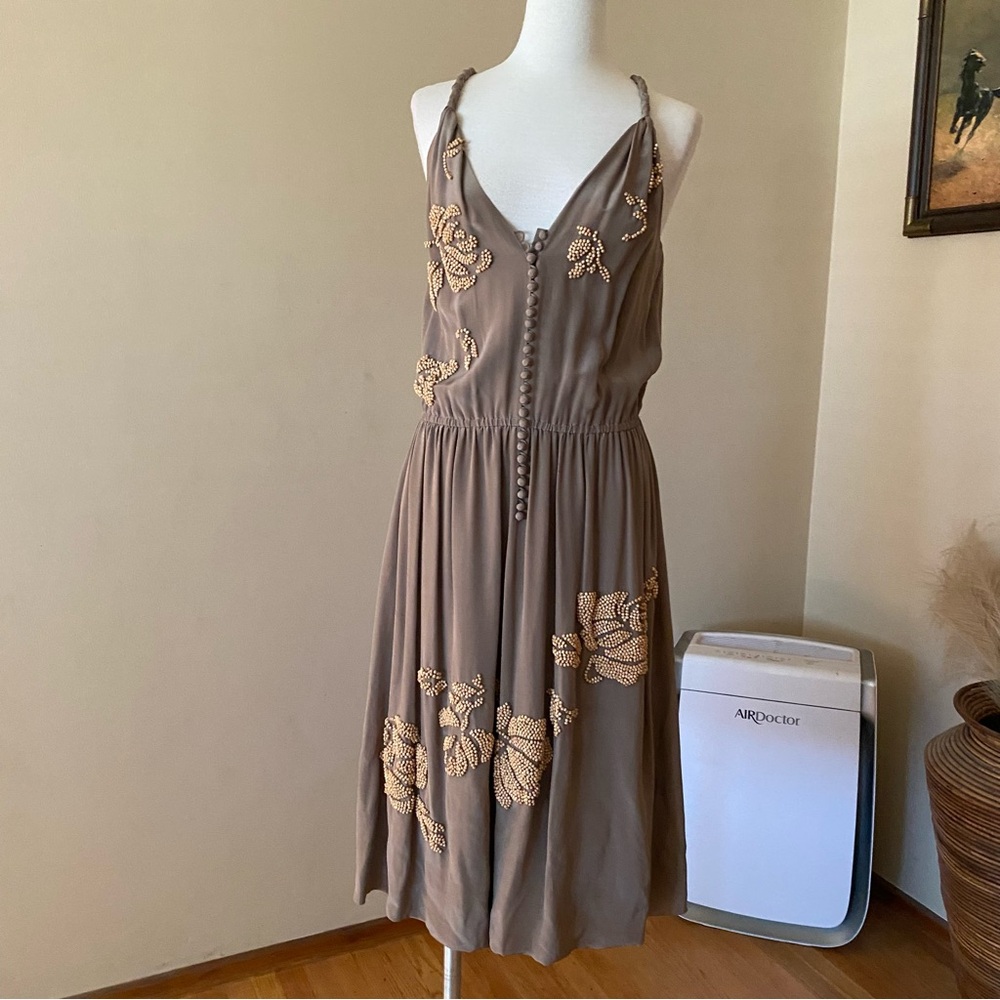 BCBG MAXAZRIA Silk Beaded MIDI Dress Tan